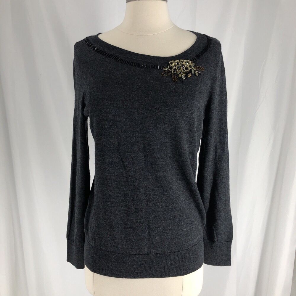 LOFT Womens Large Embellished Sweater Top Long Sleeve Dark Gray/black Knitwear